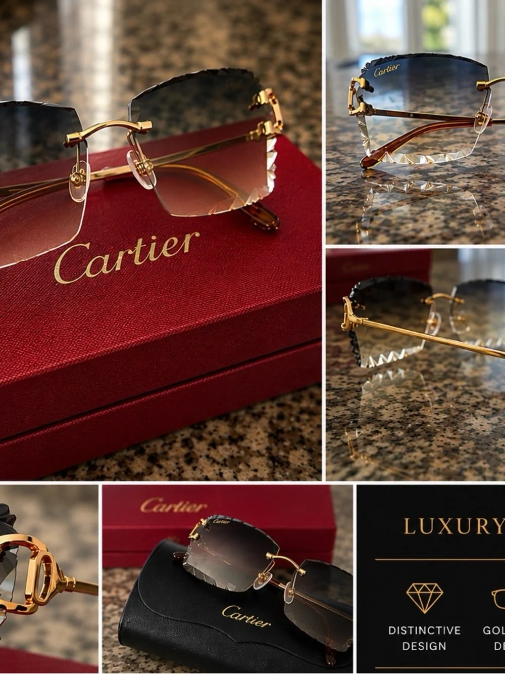 Luxury Gold-Tone Rimless Sunglasses with Brown Gradient Lenses with Box